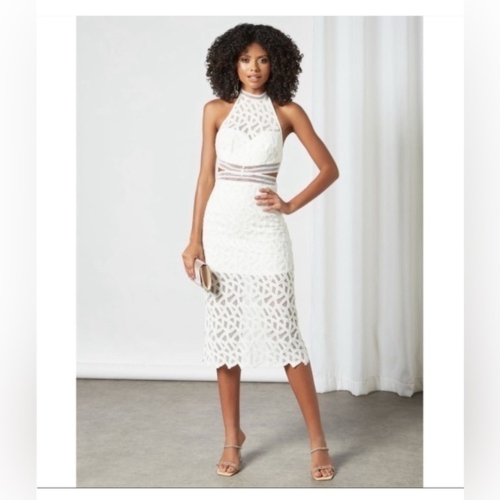 Bardot - White Isla High Neck Lace Cutout Bodycon Midi Dress size XS